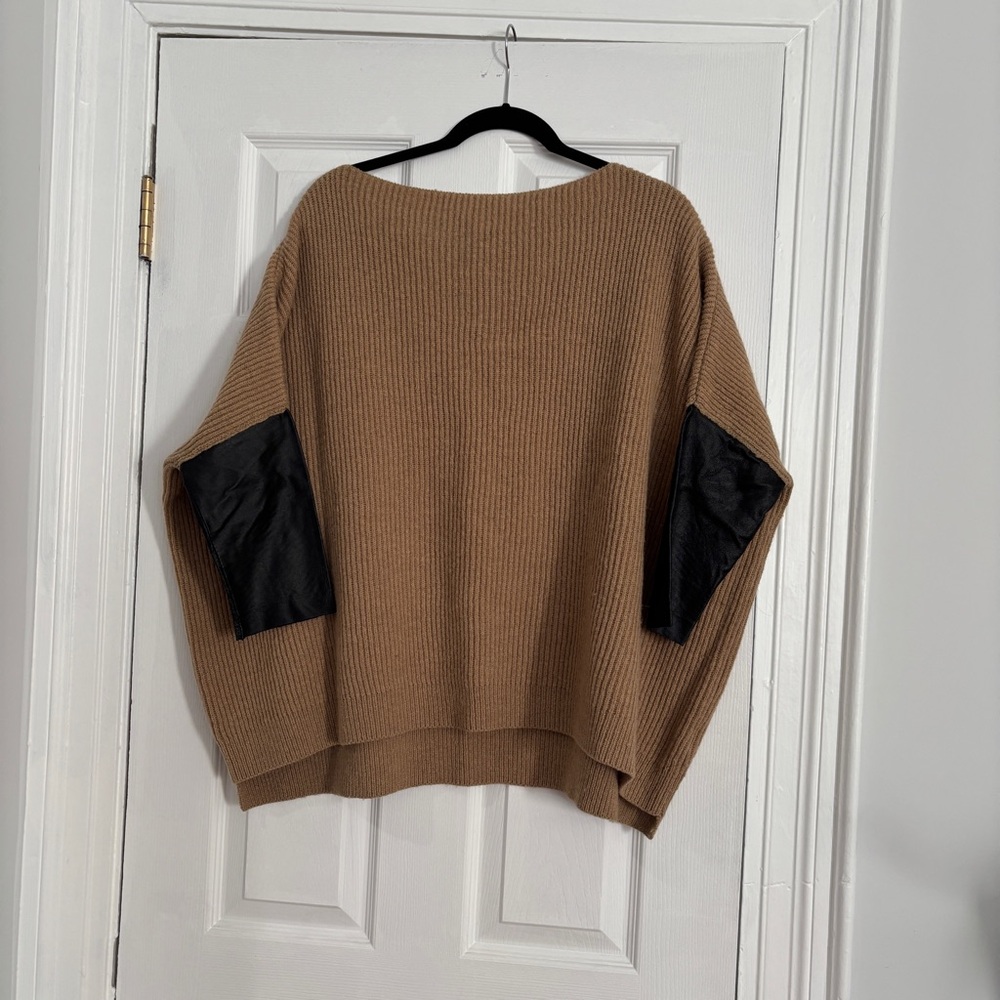 H&M Tan/Brown Wool Sweater w/ Black Leather Sleeves